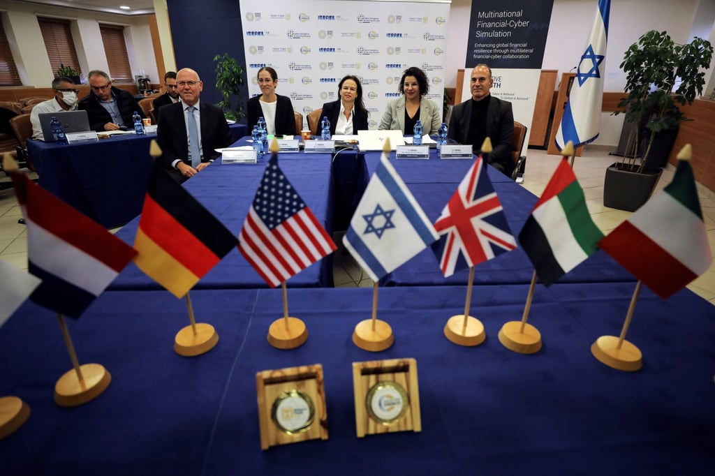 Israeli officials take part in a simulation of a major cyberattack on the global financial system with representatives from nine other countries, the World Bank and IMF at the finance ministry in Jerusalem on Thursday. Photo: Reuters