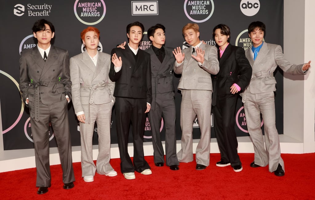 V, Suga, Jin, Jungkook, RM, Jimin and J-Hope of BTS arrive at the 2021 American Music Awards at the Microsoft Theatre in Los Angeles, hosted on November 21. Photo: Reuters