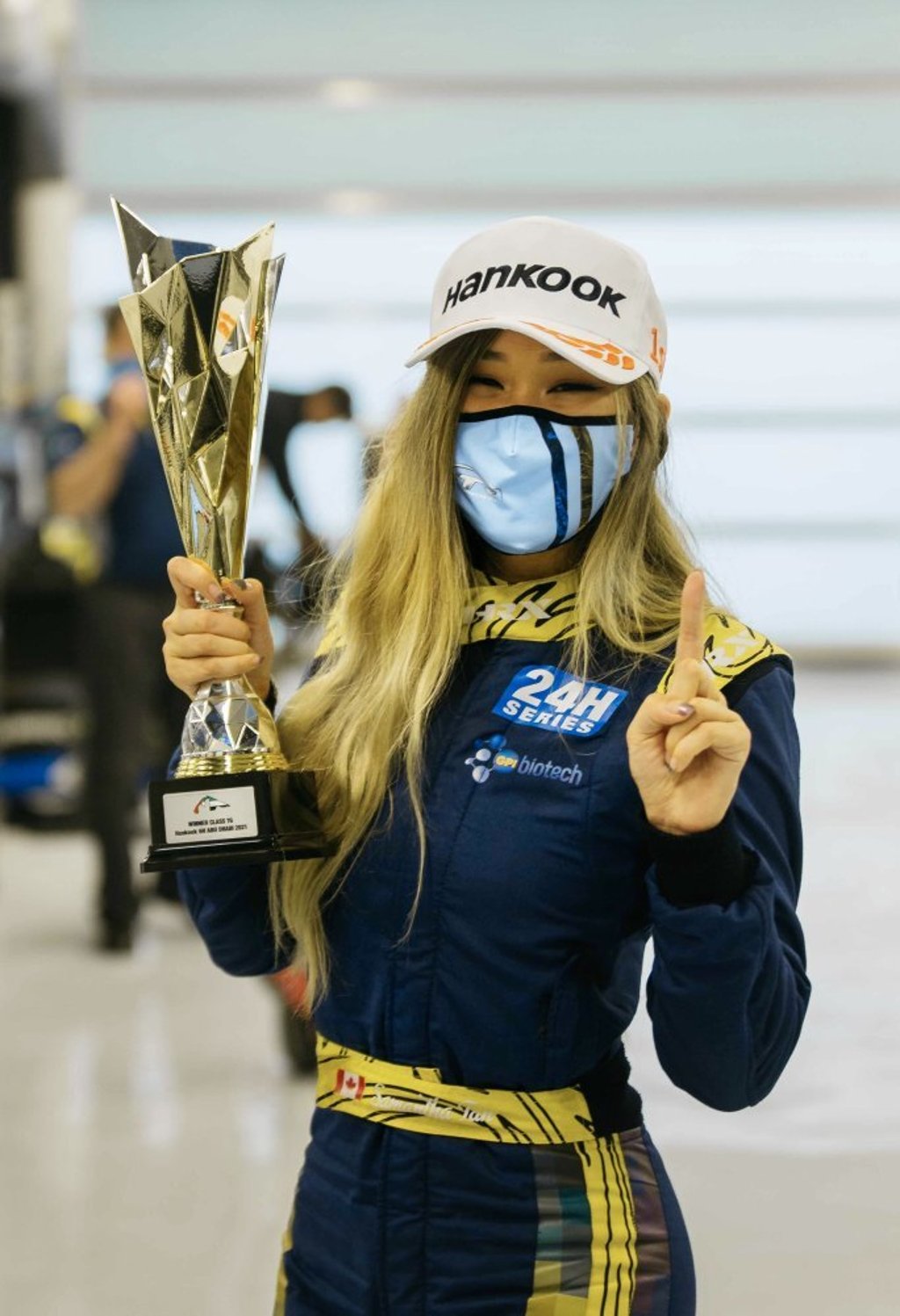 Samantha Tan celebrates with her Abu Dhabi 6 Hour Race trophy in Yas Marina Circuit, Abu Dhabi. Photo: Victor Chadarov Samantha Tan celebrates with her Abu Dhabi 6 Hour Race trophy in Yas Marina Circuit, Abu Dhabi. Photo: Victor Chadarov