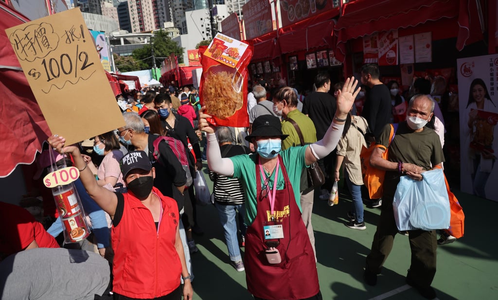 Vendors hawk their wares at the 2021 Hong Kong Brands and Products Expo at Victoria Park. Photo: May Tse
