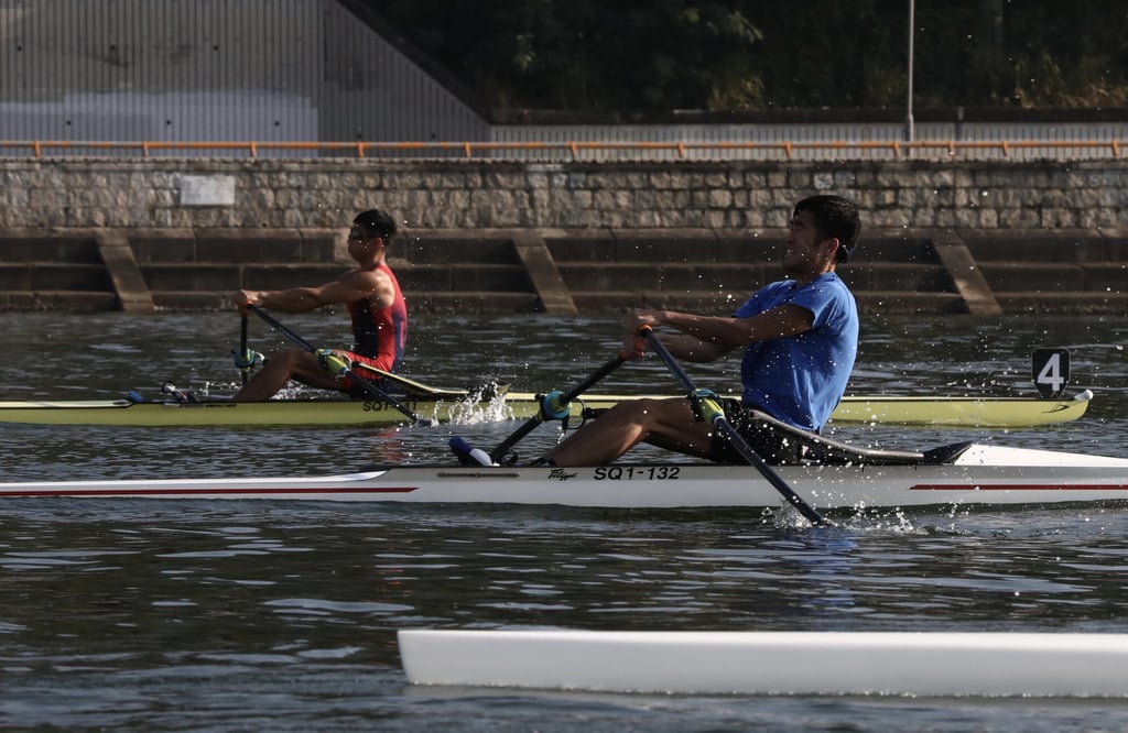 Chiu Hin-chung (L) and Thomas Chan Chi-fung compete in the open singles at the 43rd Hong Kong Rowing Championships in Shek Mun. Photo: Jonathan Wong