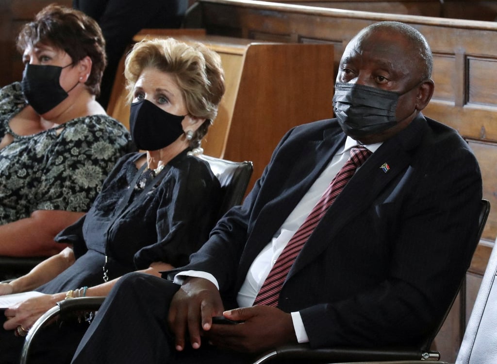 South African President Cyril Ramaphosa sits beside Elita de Klerk, widow of former President FW de Klerk at the state memorial service in Cape Town, South Africa, on Sunday. Photo: Reuters