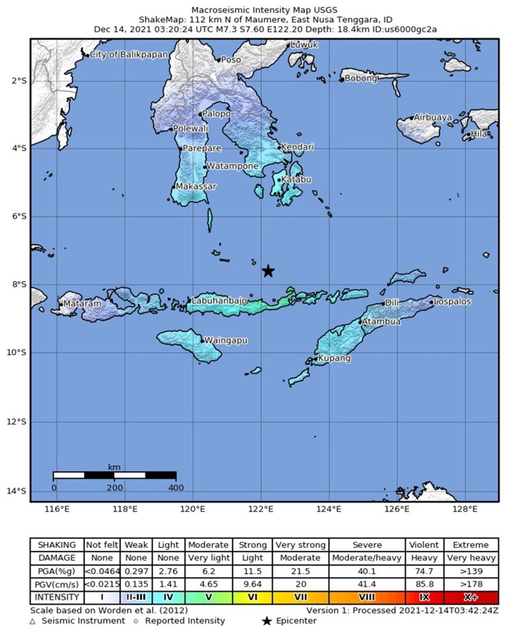 A United States Geological Survey map shows the location of a 7.3 magnitude earthquake north of Maumere, Indonesia, on December 14, 2021. Photo: EPA-EFE