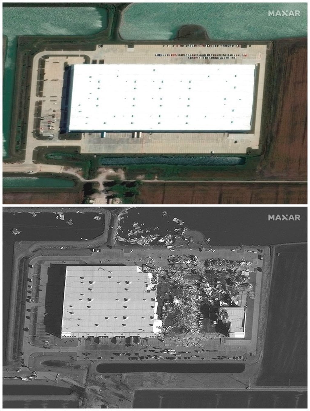 Satellite images show Amazon warehouse and buildings in Edwardsville, Illinois, before and after a devastating outbreak of tornadoes ripped through several US states. Photo: Maxar Technologies via Reuters