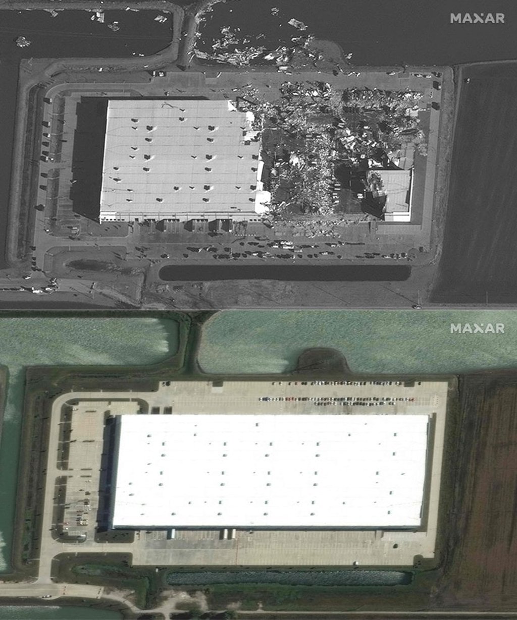 Satellite images show an Amazon warehouse before and after tornadoes hit the region in Edwardsville, Illinois. Photo: Maxar Technologies