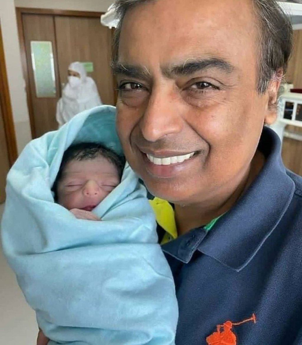 Prithvi Akash Ambani, son of Akash Ambani and wife Shloka Mehta Ambani, with his grandfather Mukesh Ambani. Photo: @shloka_mehta_official/Instagram