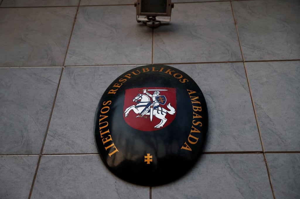 The Lithuanian state emblem is seen at its embassy in Beijing. Photo: Reuters The Lithuanian state emblem is seen at its embassy in Beijing. Photo: Reuters