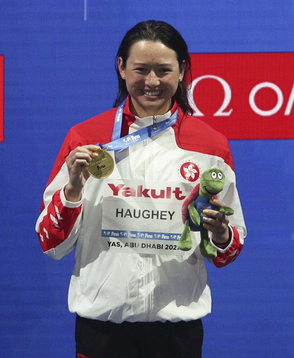 Hong Kong gold medallist Siobhan Haughey stands on the top podium during the medal ceremony for the women’s 200m freestyle final at the Fina World Swimming Championships. Photo: AP Hong Kong gold medallist Siobhan Haughey stands on the top podium during the medal ceremony for the women’s 200m freestyle final at the Fina World Swimming Championships. Photo: AP
