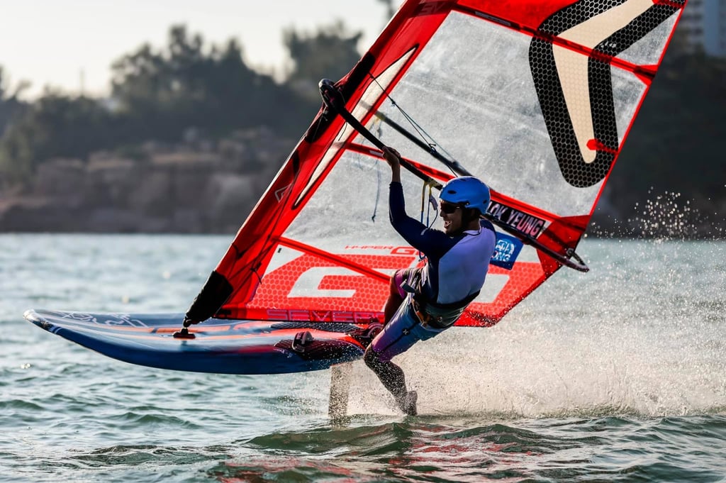 Hong Kong men’s windsurfer Au Ling-yeung wins in round three of the postponed Hong Kong Open Windsurfing Championships course race event in Stanley Main Beach. Photo: WAHK