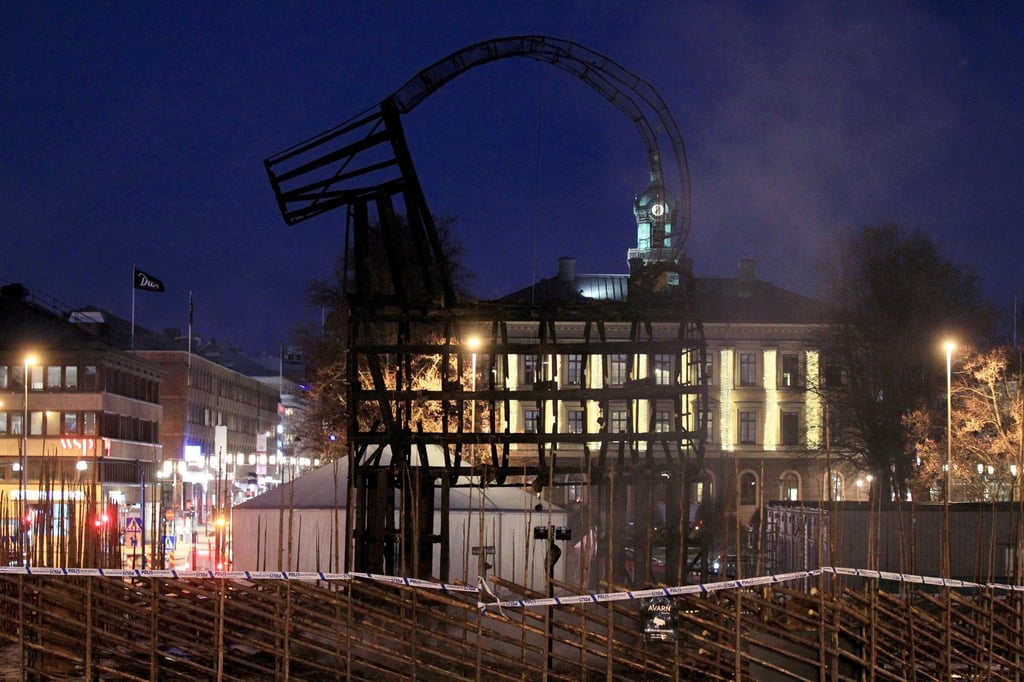 A view of the frame of a giant straw Yule goat in Gavle, Sweden after it was set ablaze, rekindling a cat-and-mouse tradition between locals trying to burn it down and authorities trying to stop them. Photo: TT News Agency via Reuters A view of the frame of a giant straw Yule goat in Gavle, Sweden after it was set ablaze, rekindling a cat-and-mouse tradition between locals trying to burn it down and authorities trying to stop them. Photo: TT News Agency via Reuters