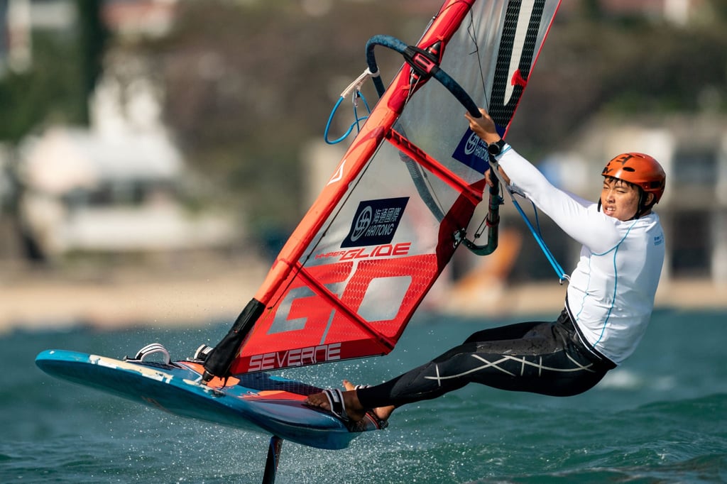 Hong Kong men’s windsurfing champion Jason Au Ling-yeung at the Hong Kong Open Windsurfing Championships in Stanley Main Beach. Photo: Panda Man / Takumi Images