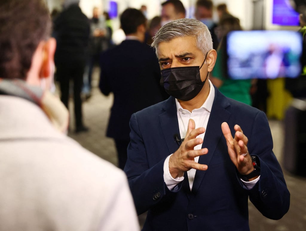 Mayor of London Sadiq Khan at a coronavirus pop-up vaccination centre in London on Saturday. Photo: Reuters