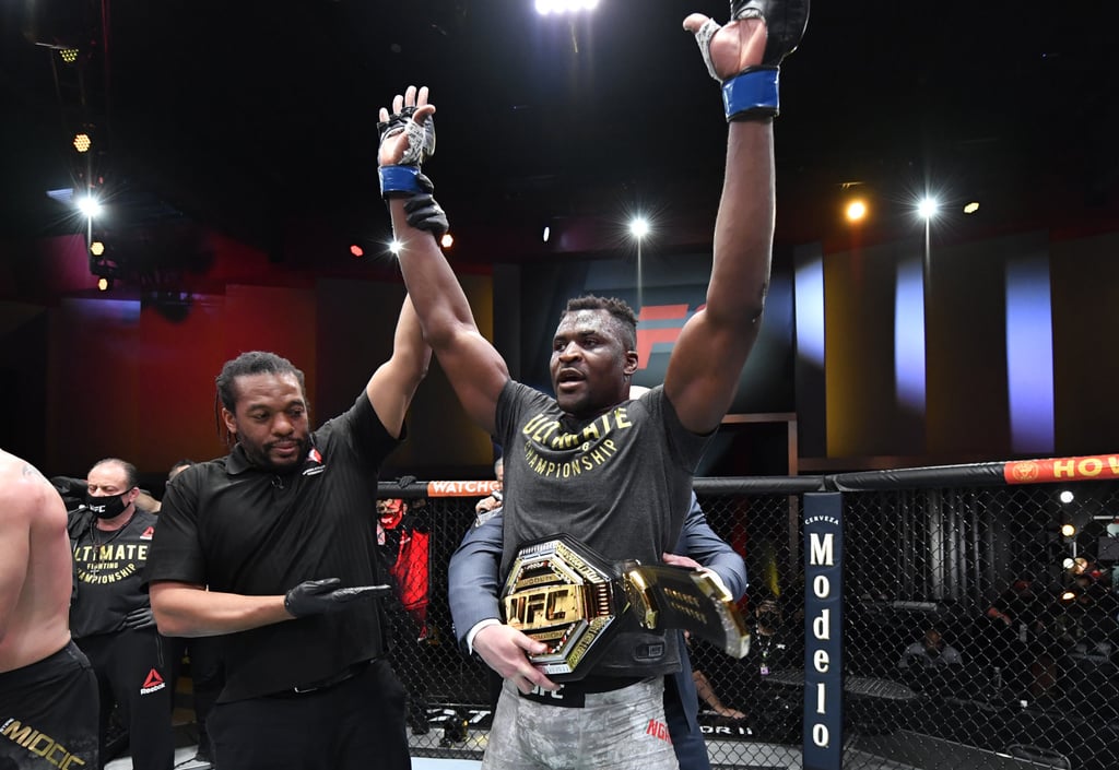 Francis Ngannou celebrates after knocking out Stipe Miocic to win the UFC heavyweight title. Photo: Jeff Bottari/Zuffa LLC