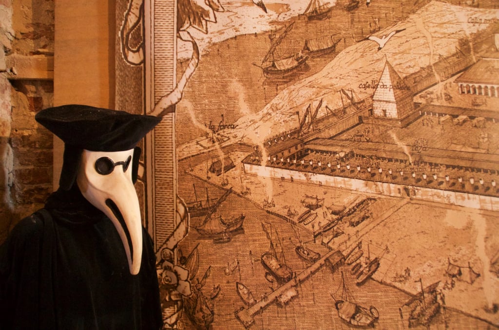 An earlier version of PPE worn by plague doctors is displayed on the tiny Venetian island of Lazzaretto Nuovo, in Italy, where, from the 15th century, merchants arriving from the East were required to quarantine along with their goods. Photo: Peter Neville-Hadley An earlier version of PPE worn by plague doctors is displayed on the tiny Venetian island of Lazzaretto Nuovo, in Italy, where, from the 15th century, merchants arriving from the East were required to quarantine along with their goods. Photo: Peter Neville-Hadley