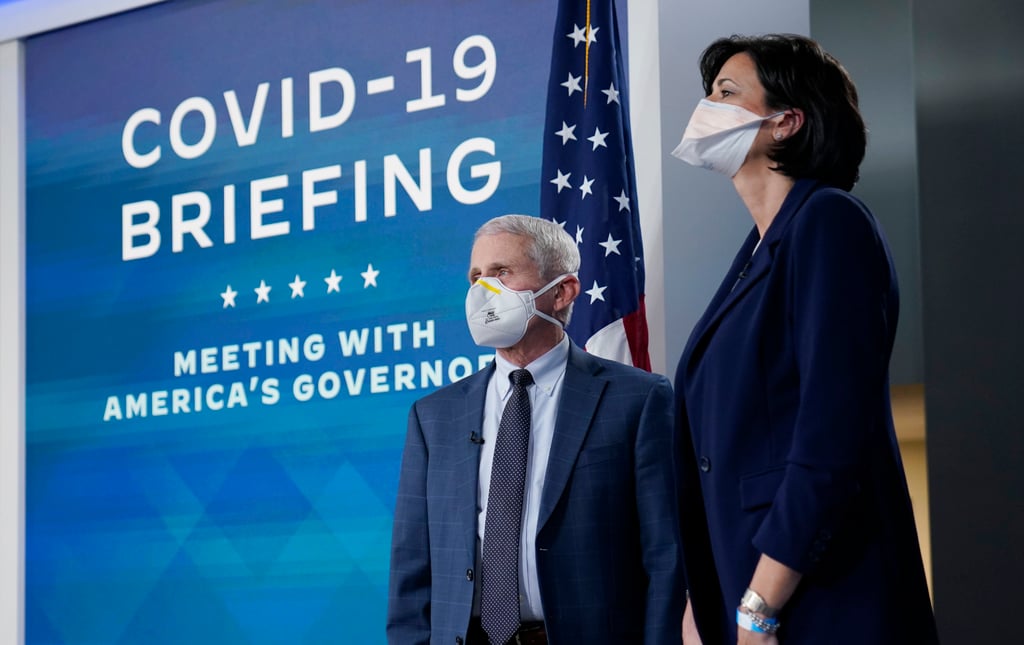 White House Chief Medical Adviser Anthony Fauci and CDC Director Rochelle Walensky arrive for the White House Covid-19 Response Team’s call with the National Governors Association in Washington on Monday. Photo: AP
