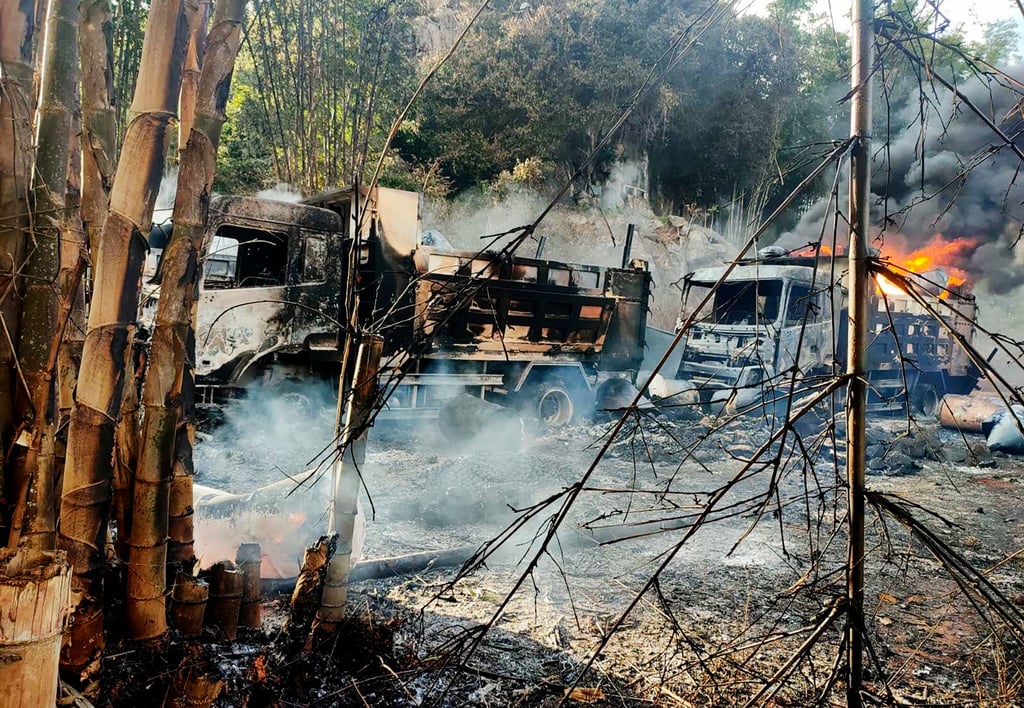 Burnt out vehicles in Hpruso township, Kayah state, Myanmar after the Christmas Eve massacre. Photo: AP