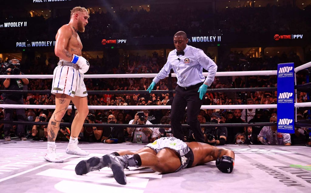 Jake Paul celebrates his knockout win over Tyron Woodley in Tampa, Florida. Photo: Mike Ehrmann/Getty Images/AFP Jake Paul celebrates his knockout win over Tyron Woodley in Tampa, Florida. Photo: Mike Ehrmann/Getty Images/AFP