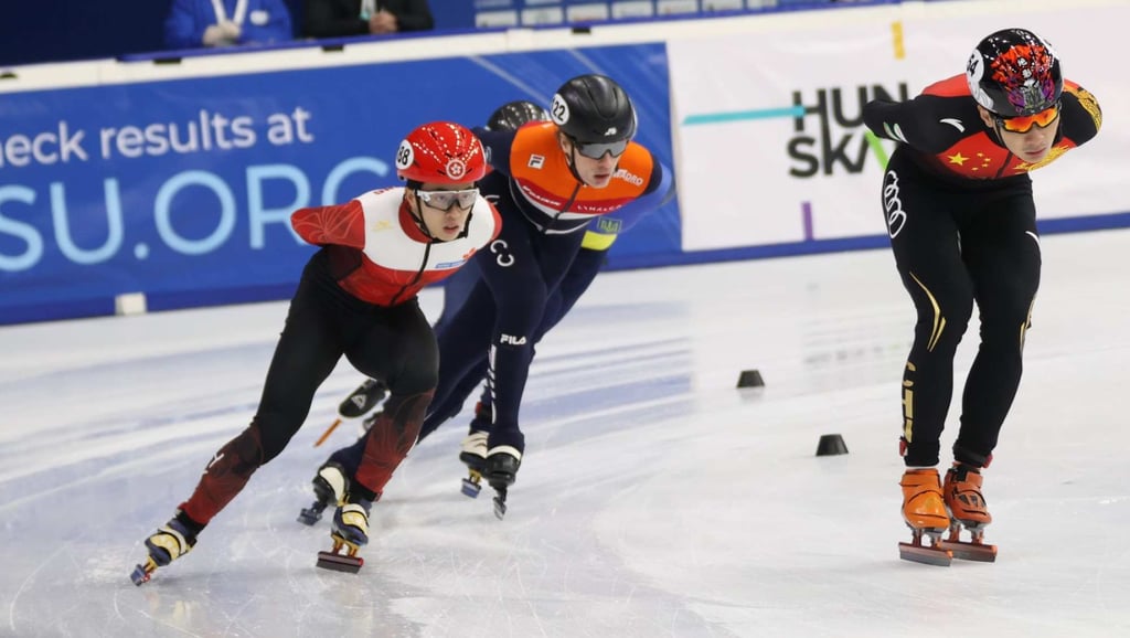 Hong Kong speedskater Sidney Chu (left) at a World Cup event and 2022 Olympic Games qualifier in Hungary. Photo: Martin Holtom