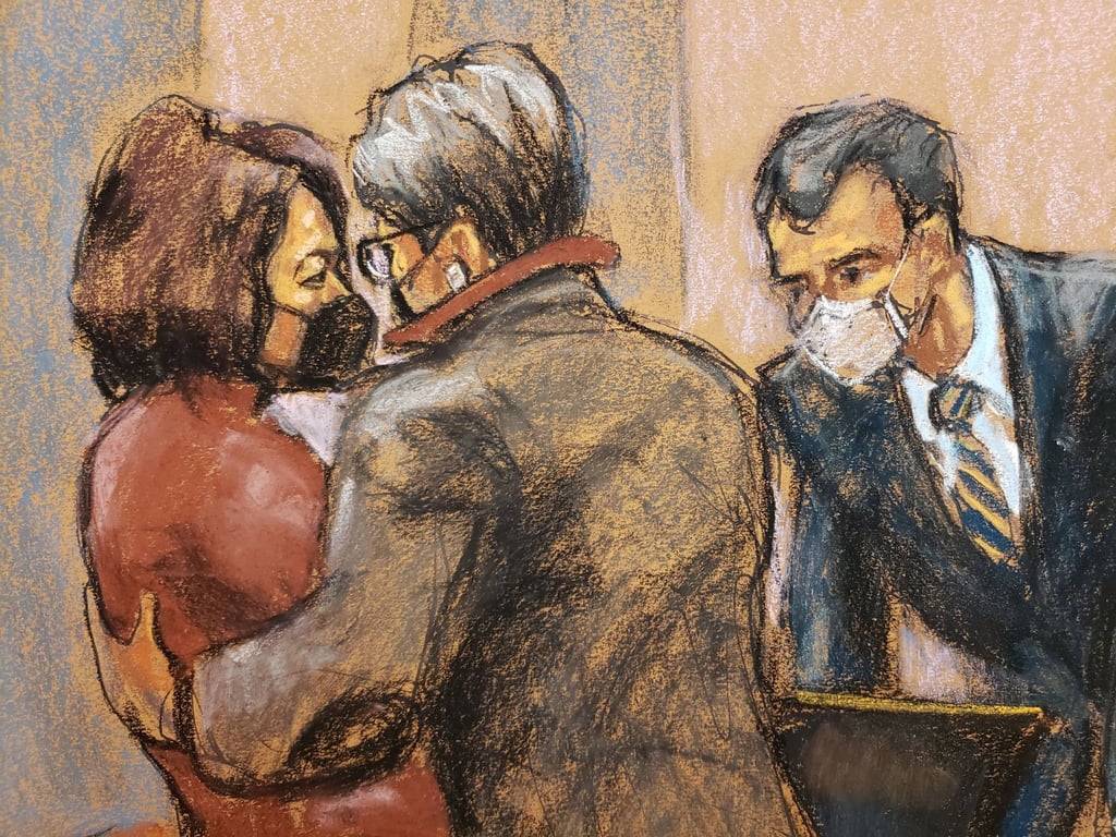 Defence lawyers Bobbi Sternheim and Christian Everdell speak with Ghislaine Maxwell during her trial in New York on Wednesday. Courtroom sketch: Jane Rosenberg via Reuters