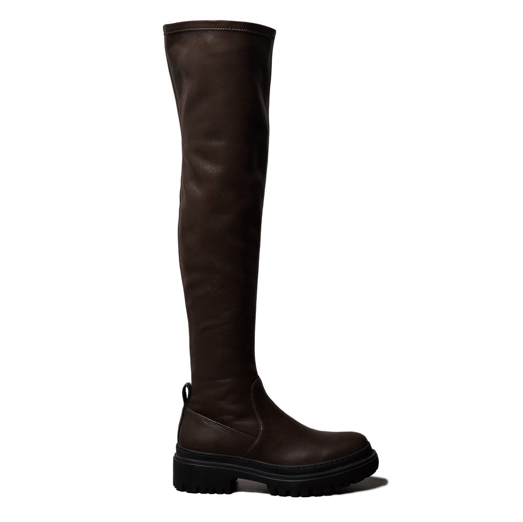 Stretch nappa leather over-the-knee boots with a precious loop in rust brown, US$2,495. Photo: Brunello Cucinelli