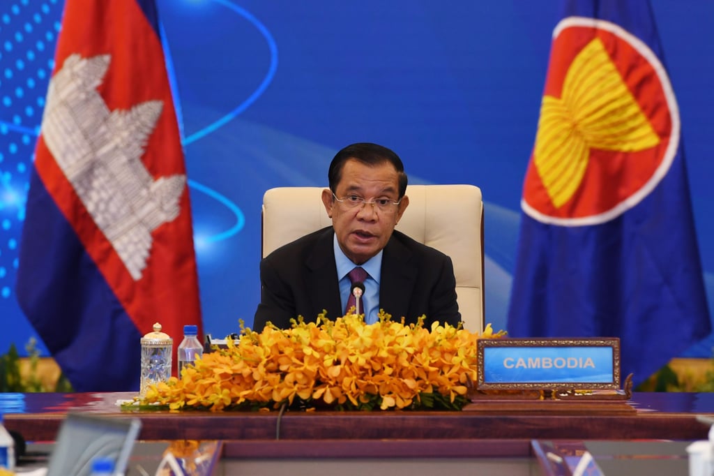 Cambodian Prime Minister Hun Sen attends a virtual meeting with leaders from China and Asean, excluding Myanmar, during the Asean-China summit, at the Peace Palace in Phnom Penh, Cambodia, on November 22. Photo: Handout via EPA-EFE
