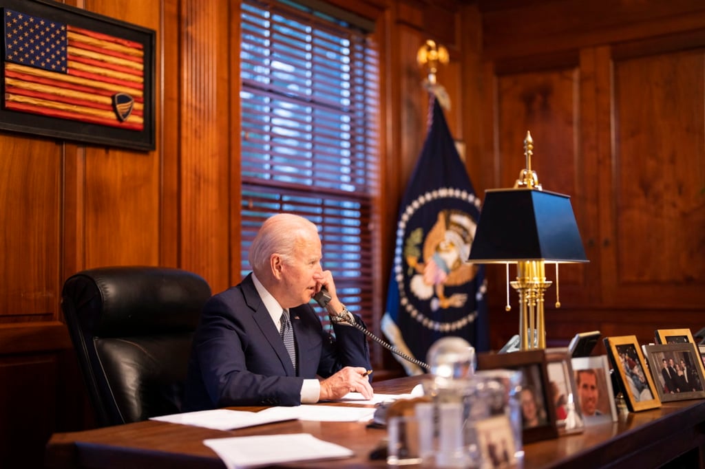 US President Joe Biden speaking on the phone with Russian President Vladimir Putin on the phone from his residence in Wilmington, Delaware on Thursday. Photo: EPA US President Joe Biden speaking on the phone with Russian President Vladimir Putin on the phone from his residence in Wilmington, Delaware on Thursday. Photo: EPA