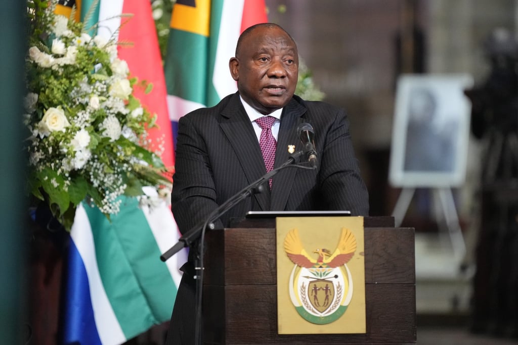 South African President Cyril Ramaphosa delivers a eulogy at the state funeral of late Archbishop Emeritus Desmond Tutu. Photo: EPA-EFE
