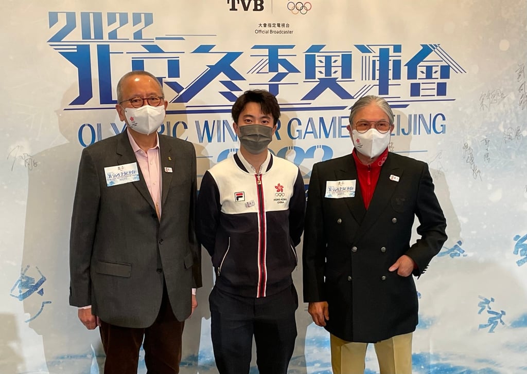 Short track speed skater Sidney Chu (centre), chef de mission to the 2022 Beijing Winter Games Karl Kwok Chi-leung (left) and Timothy Fok, Hong Kong Olympic Committee president. Photo: Chan Kin-wa Short track speed skater Sidney Chu (centre), chef de mission to the 2022 Beijing Winter Games Karl Kwok Chi-leung (left) and Timothy Fok, Hong Kong Olympic Committee president. Photo: Chan Kin-wa