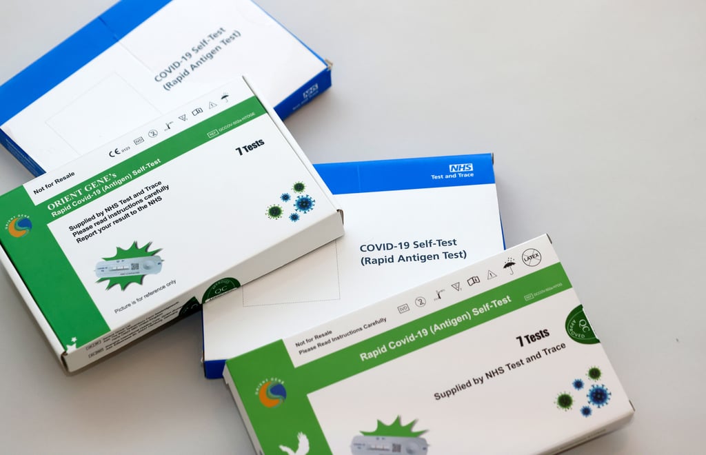 Boxes of Covid-19 lateral flow self-test kits in the UK. The nation is dealing with a supply crunch for these cheaper, quicker tests. Photo: Bloomberg Boxes of Covid-19 lateral flow self-test kits in the UK. The nation is dealing with a supply crunch for these cheaper, quicker tests. Photo: Bloomberg