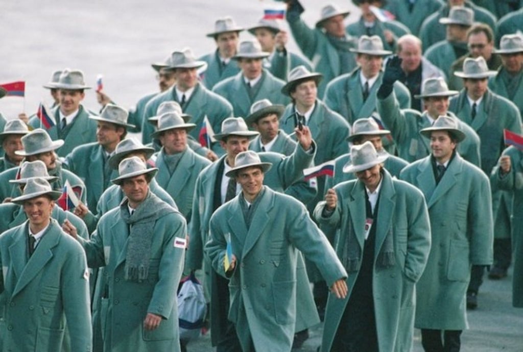 Team Russian’s 1992 uniforms features heavy trench coats and matching “stylish” hats. Photo: Getty Images