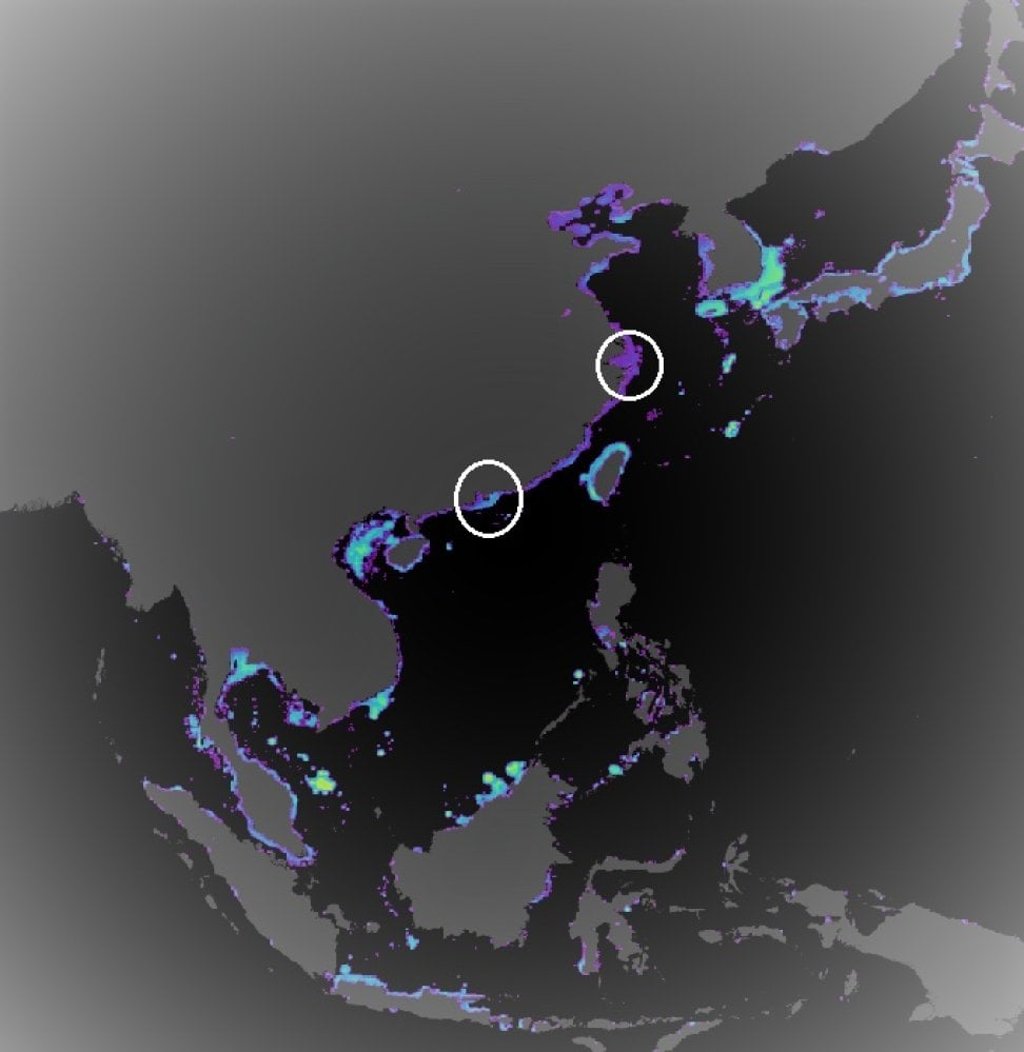 A new map shows areas where light pollution impacts our oceans. Areas near Shanghai (top) and Hong Kong (bottom) are circled in this photo. Photo: Handout A new map shows areas where light pollution impacts our oceans. Areas near Shanghai (top) and Hong Kong (bottom) are circled in this photo. Photo: Handout