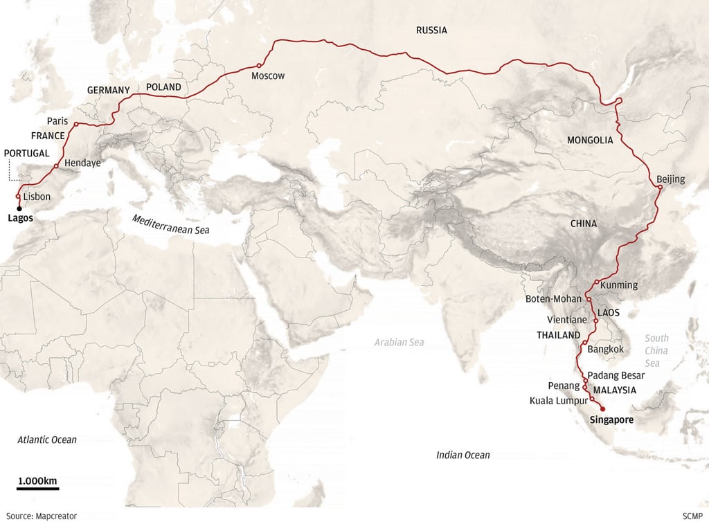 A map of the 18,755km route. Source: Mapcreator A map of the 18,755km route. Source: Mapcreator