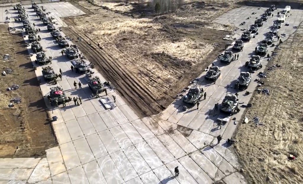 Russian military vehicles take part in drills in Crimea last year. Photo: Russian Defence Ministry Press Service via AP,