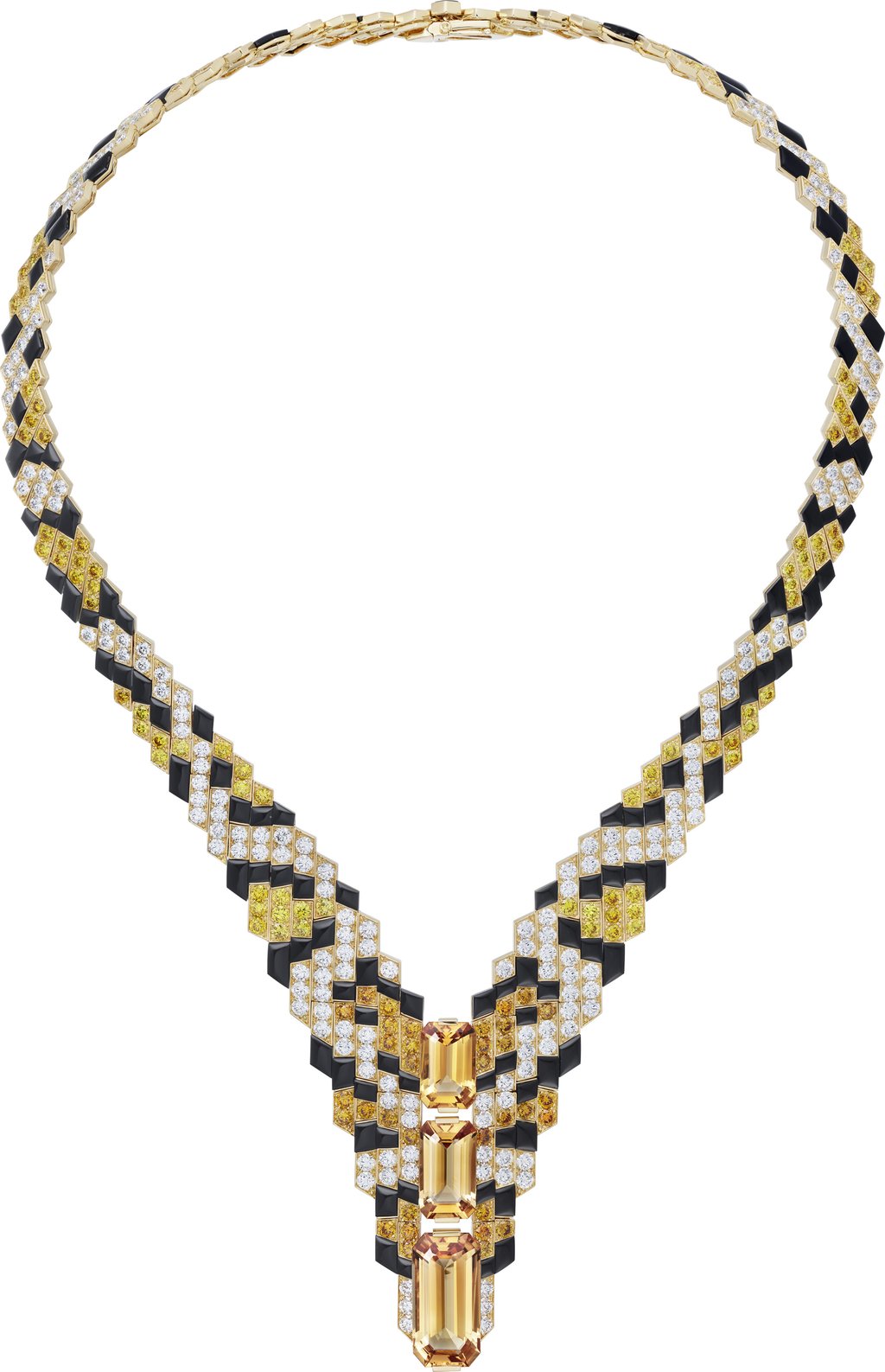 The Pixelage necklace features 27.34 carats of topazes with polished onyx and white, yellow and orange diamonds. The Pixelage necklace features 27.34 carats of topazes with polished onyx and white, yellow and orange diamonds.