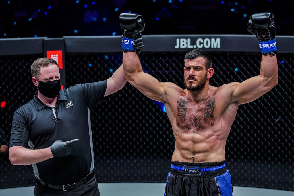 Greek kick-boxer Giannis Stoforidis celebrates a knockout win over Russia’s Beybulat Isaev at ONE: Heavy Hitters in Singapore. Photo: ONE Championship Greek kick-boxer Giannis Stoforidis celebrates a knockout win over Russia’s Beybulat Isaev at ONE: Heavy Hitters in Singapore. Photo: ONE Championship