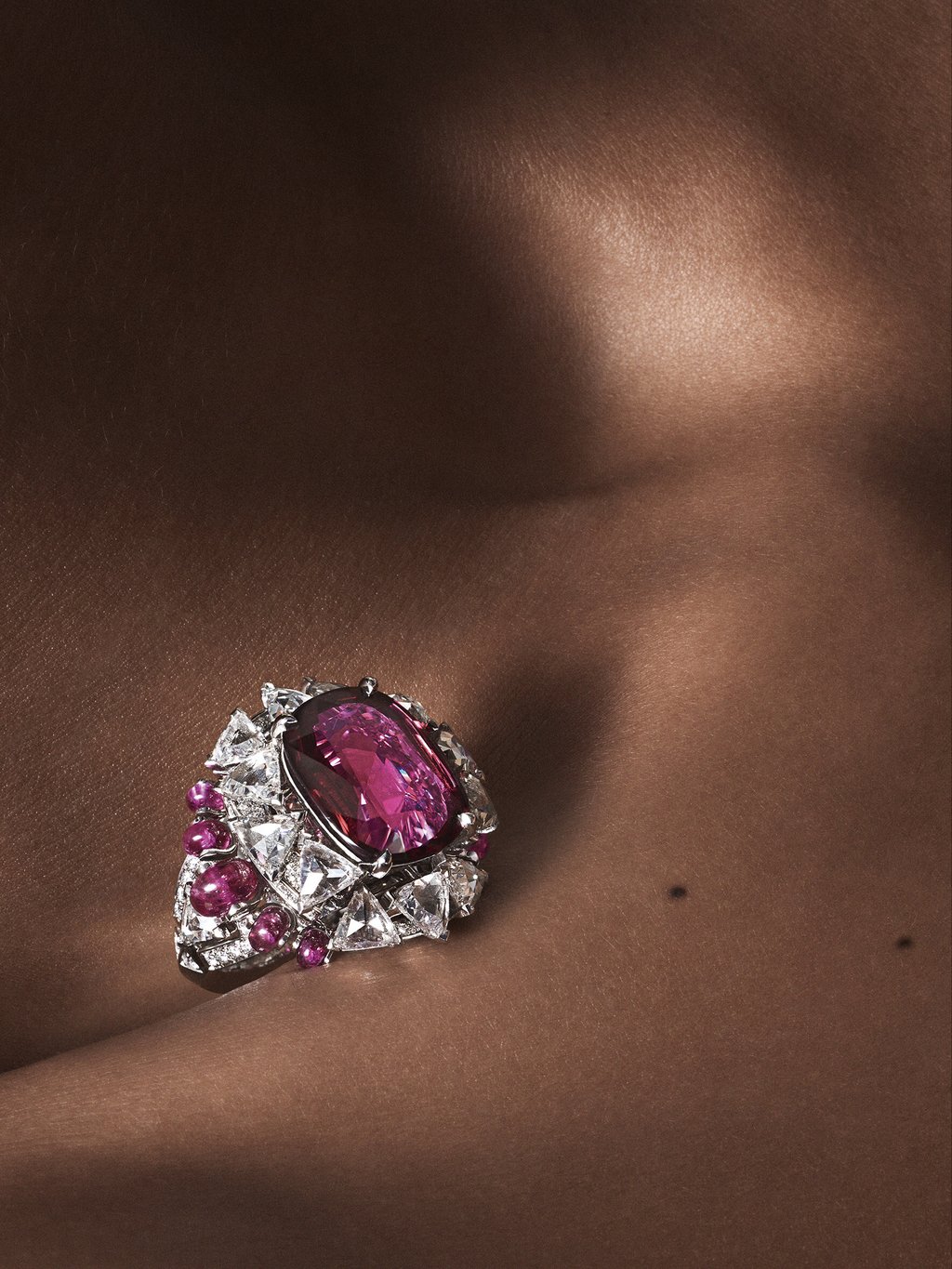 Cartier’s Phaan ring from the luxury brand’s Sixième Sens collection, which features an 8.20 carat ruby on top of a 4.01 carat rose-cut diamond. Cartier’s Phaan ring from the luxury brand’s Sixième Sens collection, which features an 8.20 carat ruby on top of a 4.01 carat rose-cut diamond.