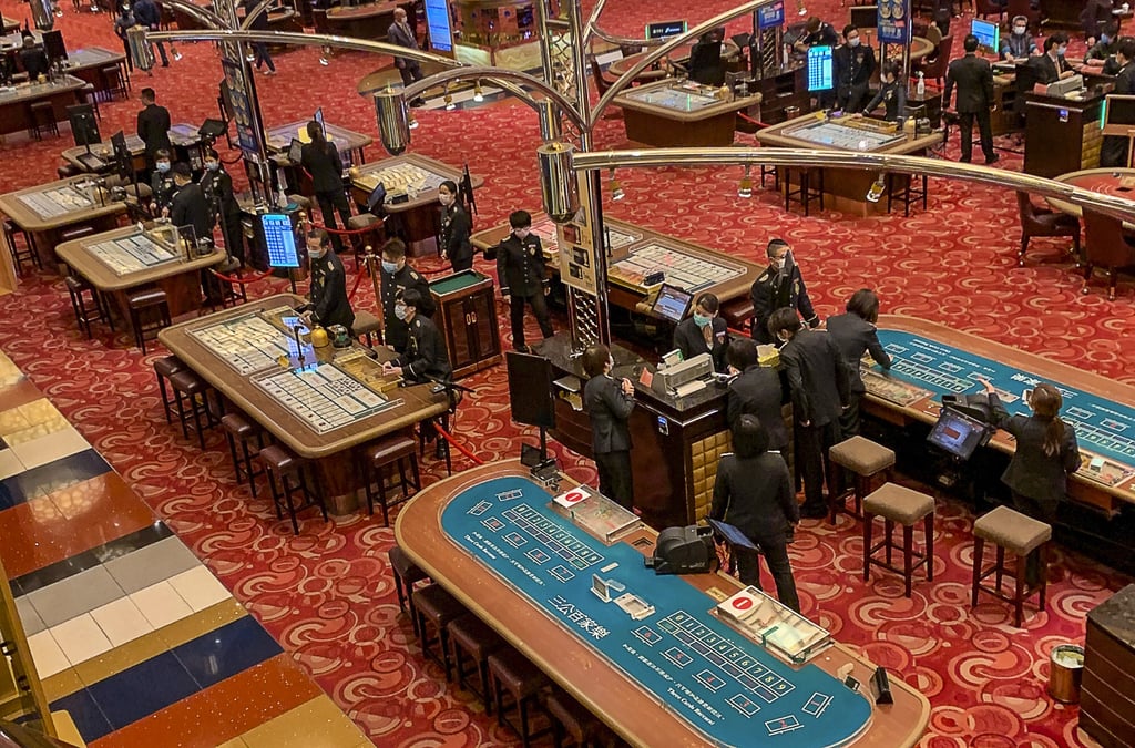 The main gambling hall at the Grand Lisboa casino, devoid of gamblers on 20 February 2020 during the dawn of the Covid-19 pandemic, as Macau restricted tourist arrivals to contain the disease. Photo: Handout.
