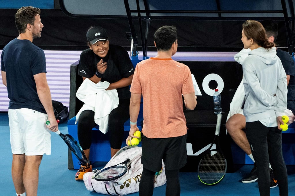 Naomi Osaka (second from left) in a practise session with coach Wim Fissette (left), strength and conditioning coach Yutaka Nakamura (third from left) and Natsuko Mogi (right) before her Australian Open title defence in Melbourne. Photo: AFP Naomi Osaka (second from left) in a practise session with coach Wim Fissette (left), strength and conditioning coach Yutaka Nakamura (third from left) and Natsuko Mogi (right) before her Australian Open title defence in Melbourne. Photo: AFP