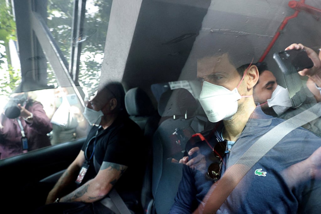 Novak Djokovic departs the Park Hotel while under immigration detention, to convene with his legal team after his visa to play in the Australian Open was cancelled a second time. Photo: Reuters