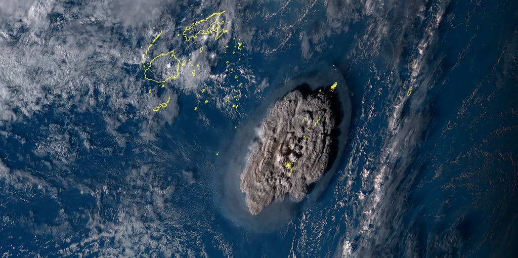 A satellite image of the volcanic eruption at the underwater Hunga Tonga-Hunga Ha’apai volcano. Photo: JMA/Handout