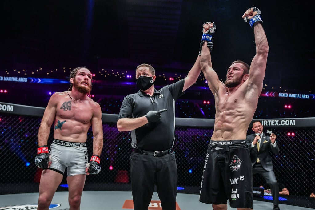Khabib Nurmagomedov protégé Saygid Izagakhmaev celebrates a submission win over James Nakashima at ONE: Heavy Hitters. Photo: ONE Championship