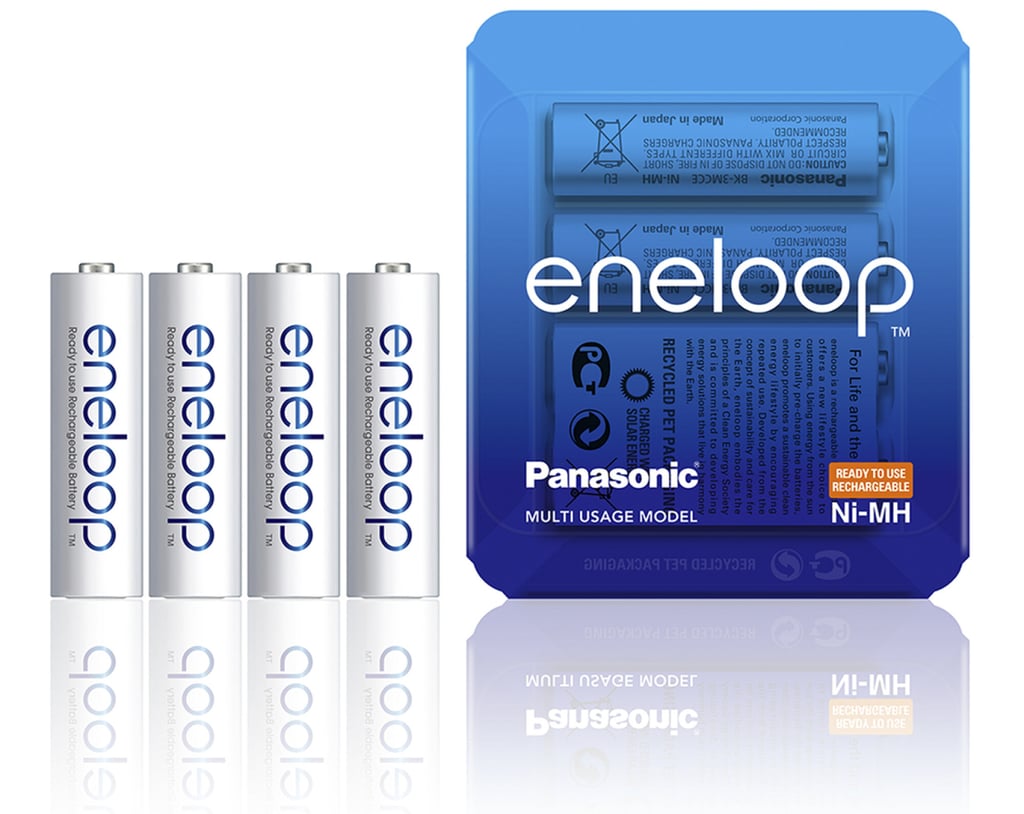 A pack of Eneloop rechargeable batteries.