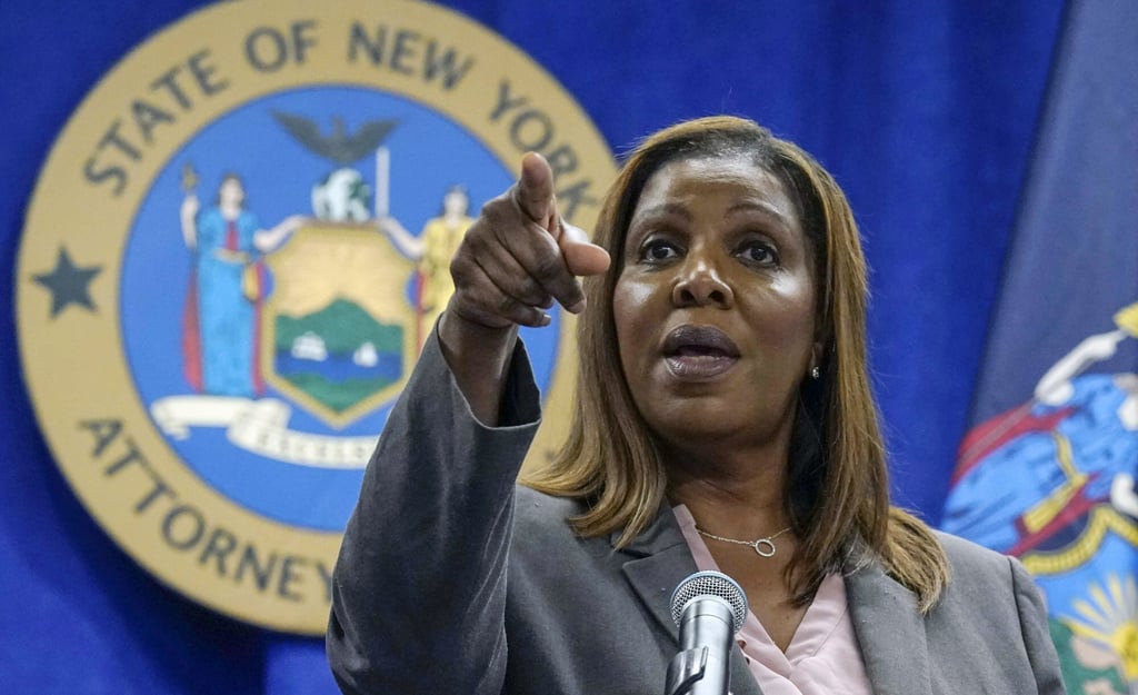 New York Attorney General Letitia James acknowledges questions from journalists at a news conference in May. Photo: AP