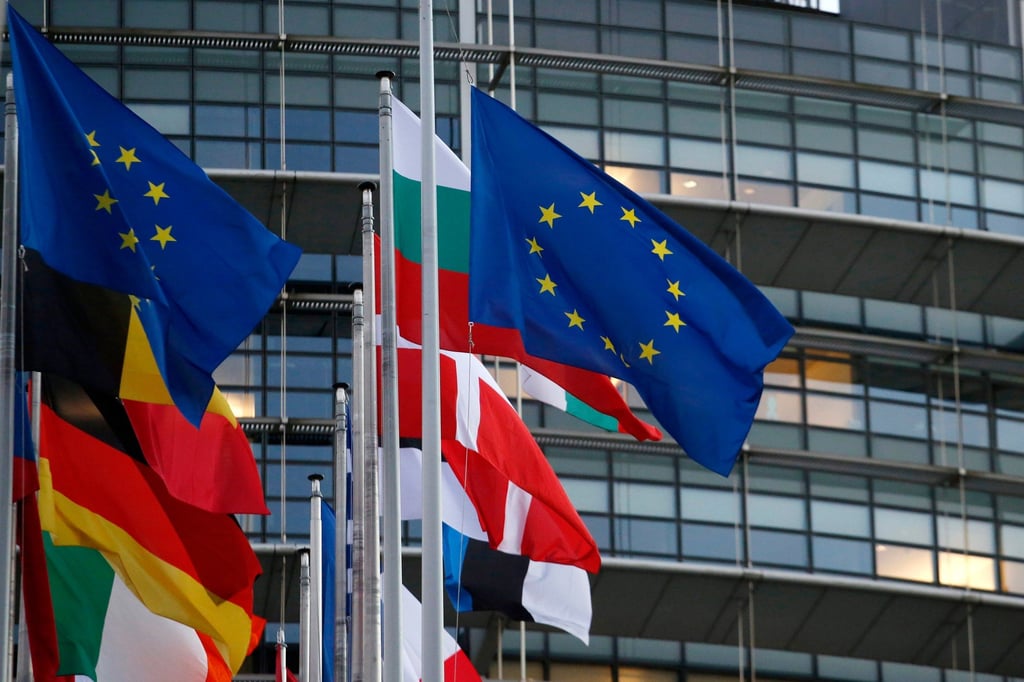 The flags of the European Union member states outside the principle seat of the European Parliament in Strasbourg, France, this week. Photo: Bloomberg The flags of the European Union member states outside the principle seat of the European Parliament in Strasbourg, France, this week. Photo: Bloomberg