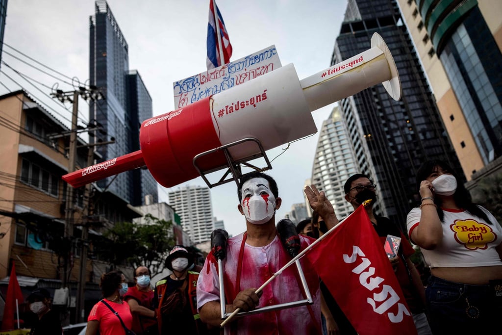 Activists called for the resignation of Thailand’s prime minister over the government’s handling of the Covid-19 crisis. Photo: AFP