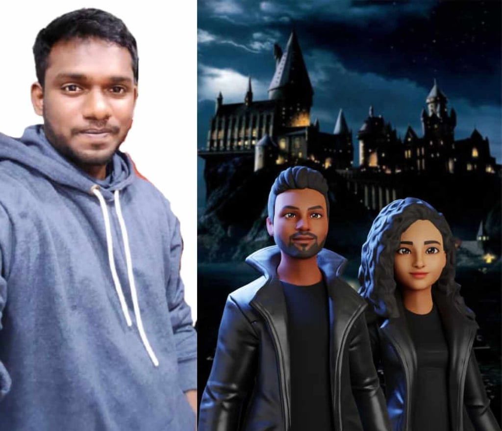 Vignesh Selvaraj, founder of Tardiverse Metaverse, which is organising the online event, with the digital avatars of the couple he has created. Photo: Handout