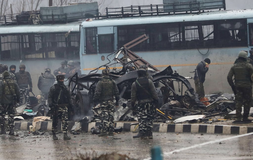 Indian security forces inspect the remains of a vehicle after an attack that killed at least 16 Indian soldiers and injured several others in the Indian-administered area of Kashmir in 2019. Kashmir has been divided between India and Pakistan since independence in 1947. Photo: AFP Indian security forces inspect the remains of a vehicle after an attack that killed at least 16 Indian soldiers and injured several others in the Indian-administered area of Kashmir in 2019. Kashmir has been divided between India and Pakistan since independence in 1947. Photo: AFP