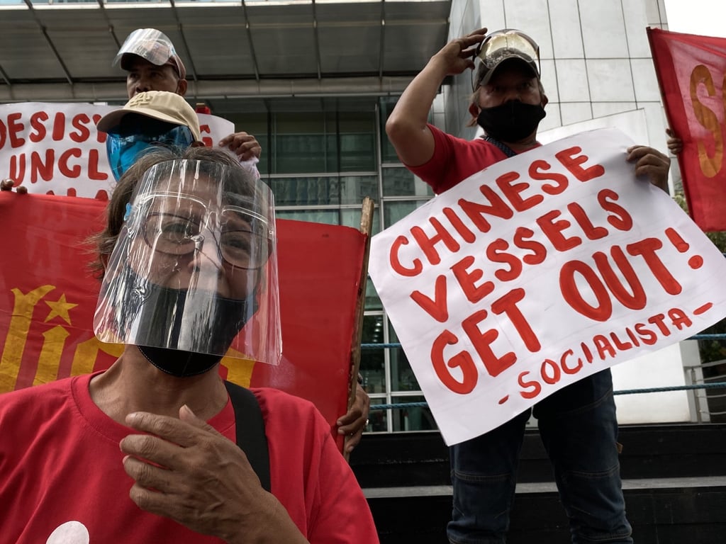 Filipino demonstrators protest against the intrusion of Chinese patrol boats in the disputed waters of the South China Sea, in front of the Chinese consulate in Manila, Philippines, on April 23, 2021. Beijing is trying to find the right mix of patience, perseverance, economic diplomacy and “grey zone” tactics in its South China Sea diplomacy. Photo: EPA-EFE