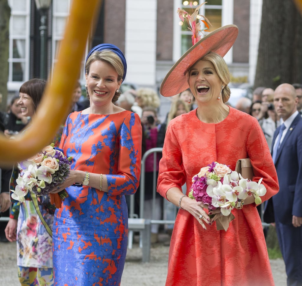 Queen Maxima of The Netherlands and Queen Mathilde of Belgium open a sculpture exhibition together in 2015, in the Netherlands. Photo: Getty Images