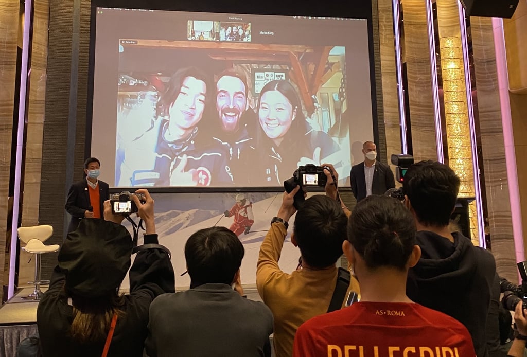 Hong Kong skiing head coach Marko Rudic (centre) with athletes Adrian Yung (left) and Audrey King (right) calling local media from a pre-Olympics Bosnia training camp. Photo: Andrew McNicol Hong Kong skiing head coach Marko Rudic (centre) with athletes Adrian Yung (left) and Audrey King (right) calling local media from a pre-Olympics Bosnia training camp. Photo: Andrew McNicol